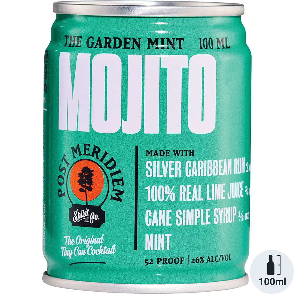 Green can of Post Meridian Mojito cocktail with text on a white background