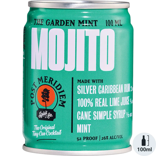 Green can of Post Meridian Mojito cocktail with text on a white background