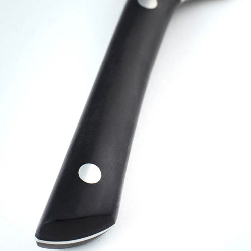 Close-up of a black kitchen knife handle with silver rivets on a white background.