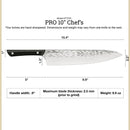 A product information graphic for a PRO 10" Chef's knife, showing a side view of the knife with dimensions labeled for handle width, maximum blade thickness, and weight, on a white background with black text.