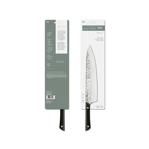 A kitchen knife shown in its retail packaging, with the knife partially visible through a clear window next to the box.