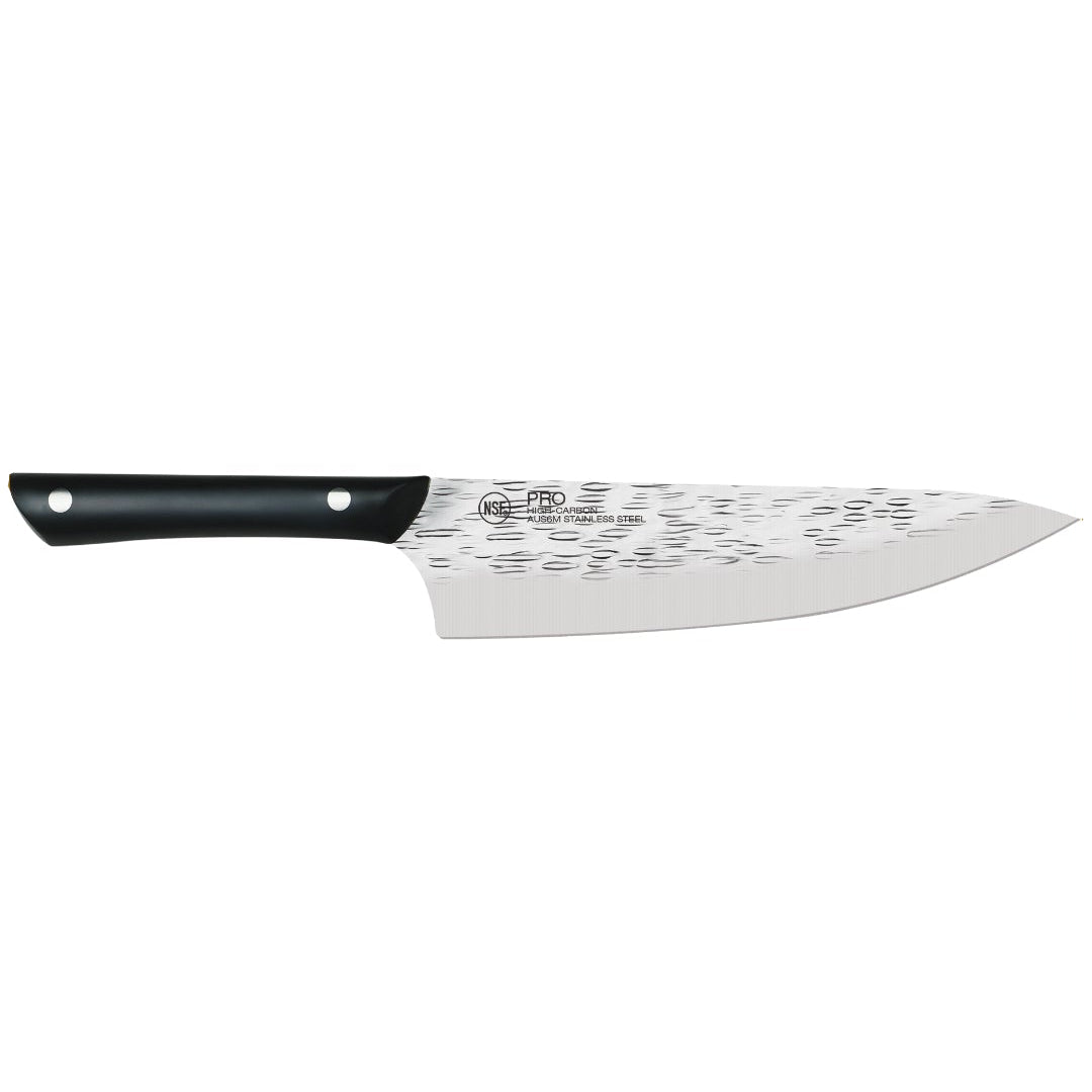 A kitchen knife with a black handle and a silver patterned blade on a white background.