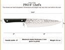A product information graphic for a PRO 8-inch chef's knife, showing a side profile of the knife with labeled dimensions (13.3 inches total length, 5-inch blade section, 8-inch blade section, 1-inch handle width, 1.