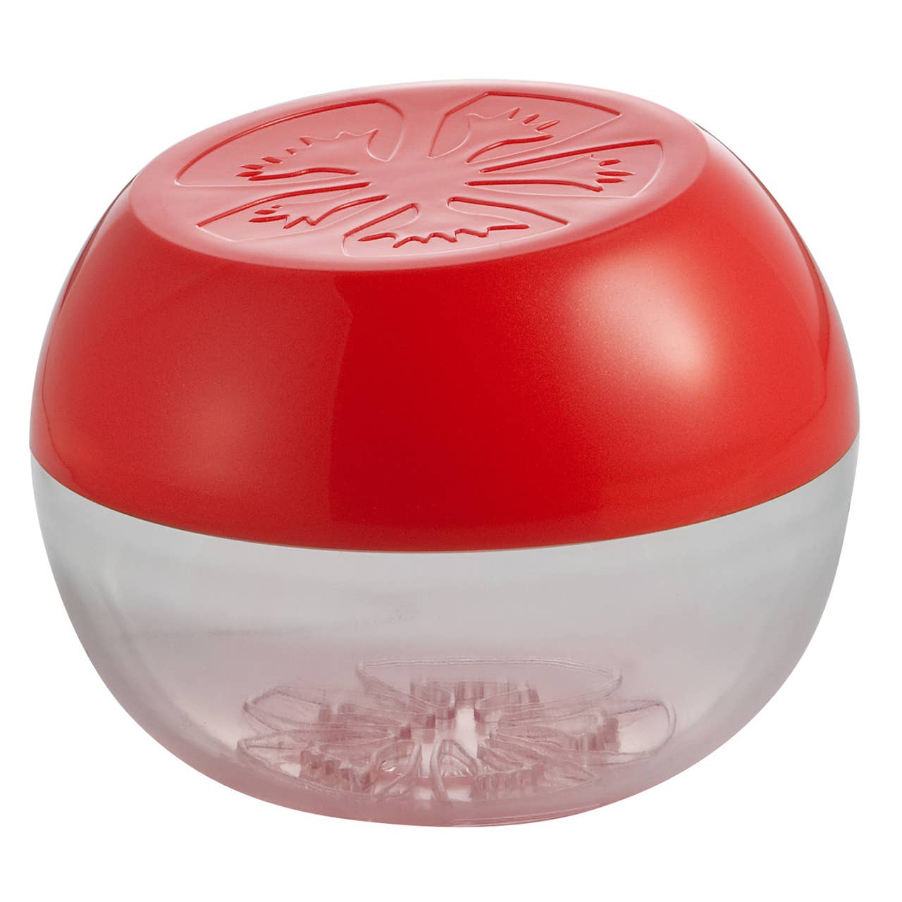 A tomato saver container with a red lid and clear bottom.