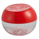 A tomato saver container with a red lid and clear bottom.