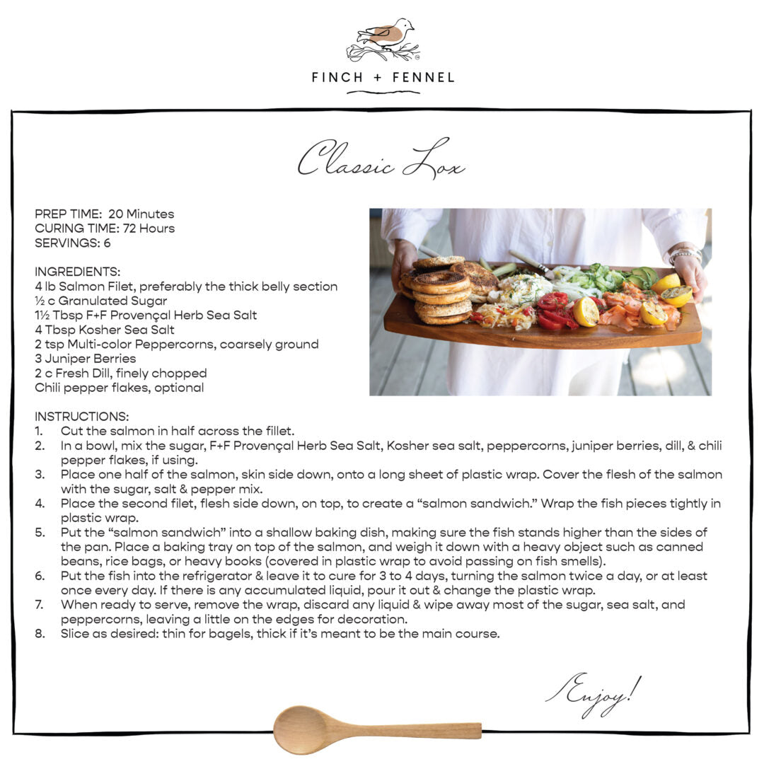 Recipe card for Classic Lox with ingredients, preparation steps, and a photo of a person holding a platter of lox.