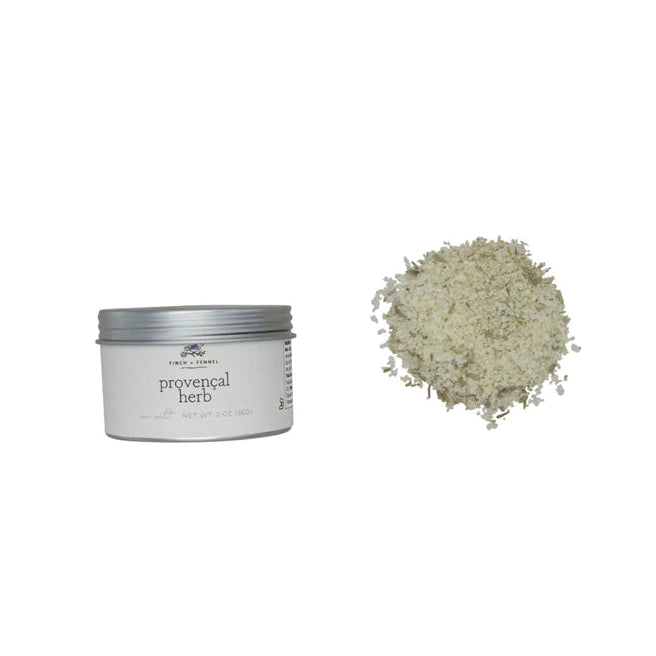 A jar of Provençal Herb Sea Salt with the label visible, displaying fine white granular substance outside the jar.