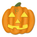 Pumpkin-shaped cookie with a jack-o'-lantern face on a white background