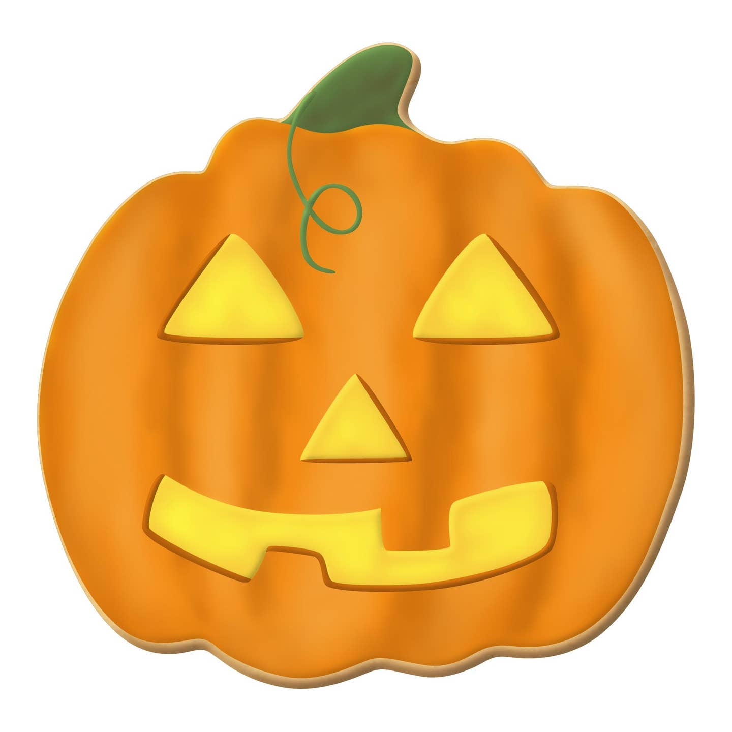 Pumpkin-shaped cookie with a jack-o'-lantern face on a white background
