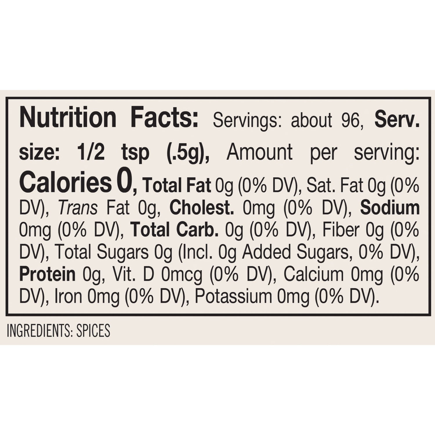 Nutrition facts label for a very small amount of spices with minimal nutritional information.