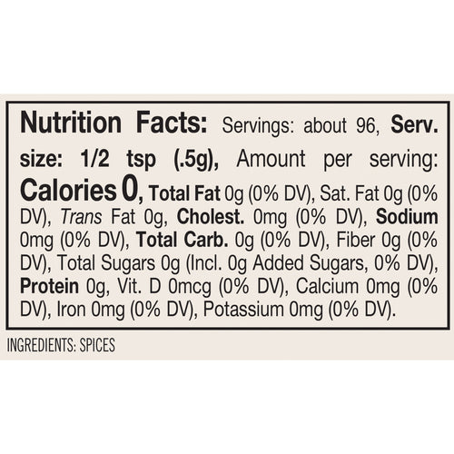 Nutrition facts label for a very small amount of spices with minimal nutritional information.