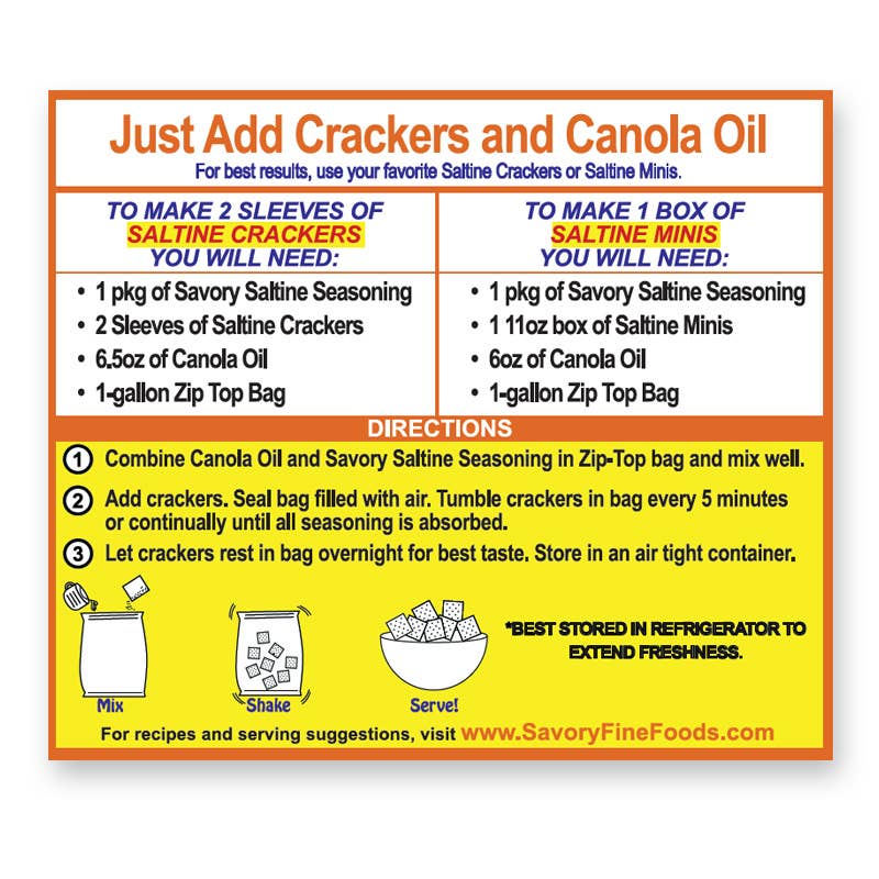 Instructions for making savory saltine crackers with canola oil and seasoning.