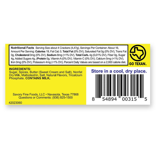 Product label with nutritional information, ingredients, and storage instructions on a white background.