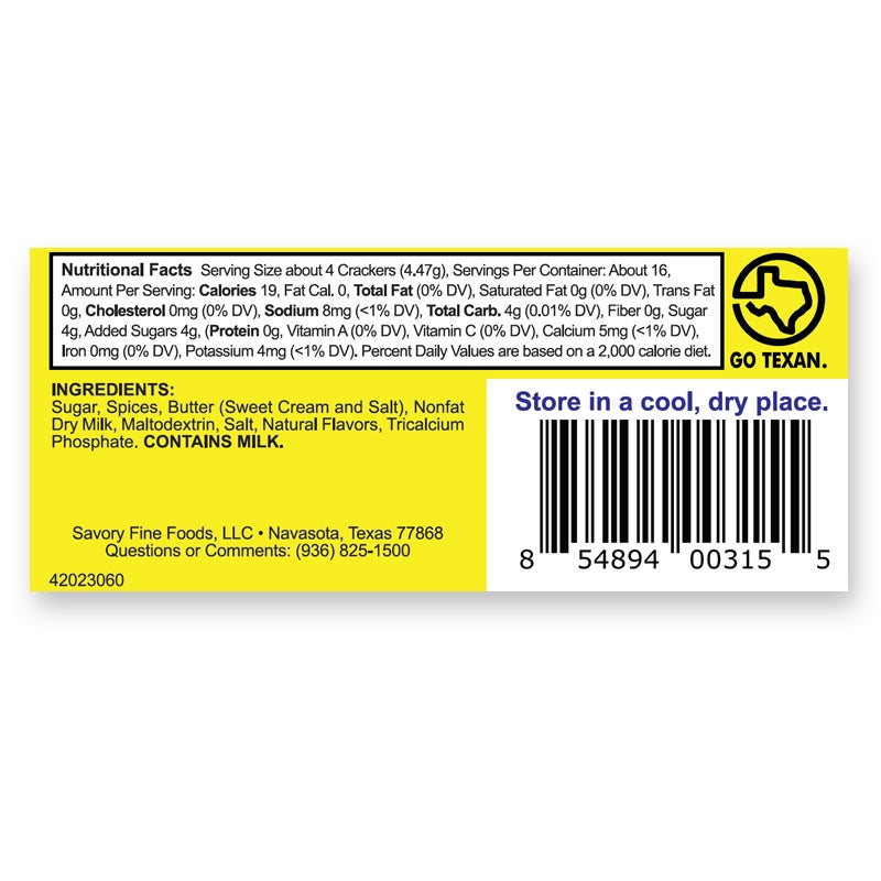 Product label with nutritional information, ingredients, and storage instructions on a white background.