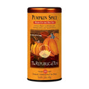 A cylindrical metal tin of The Republic of Tea Pumpkin Spice Warm Up the Day Tea on a plain white background.