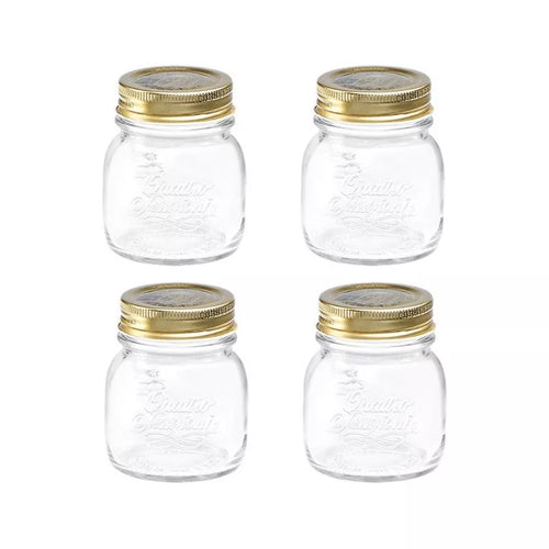 Set of 4 Bormioli Rocco Quattro Stagioni glass jars with stainless steel lids on a white background.