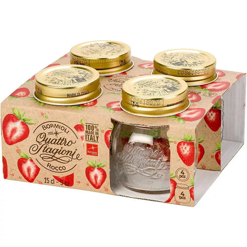 Set of 4 Bormioli Rocco Quattro Stagioni glass jars with stainless steel lids, packaged in a box decorated with fruit illustrations.