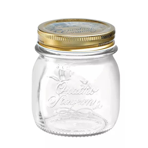 A single 8.5oz mason jar with stainless steel lid on a white background.