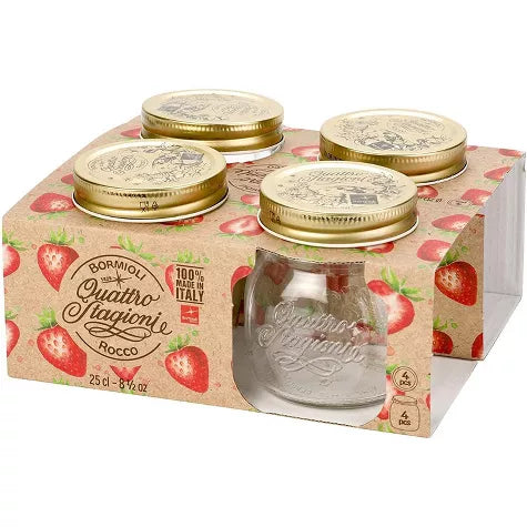 Set of 4 Mason Jars with stainless steel lids, presented in packaging with a strawberries design.
