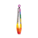 Colorful kitchen tongs with silicone handles on a white background