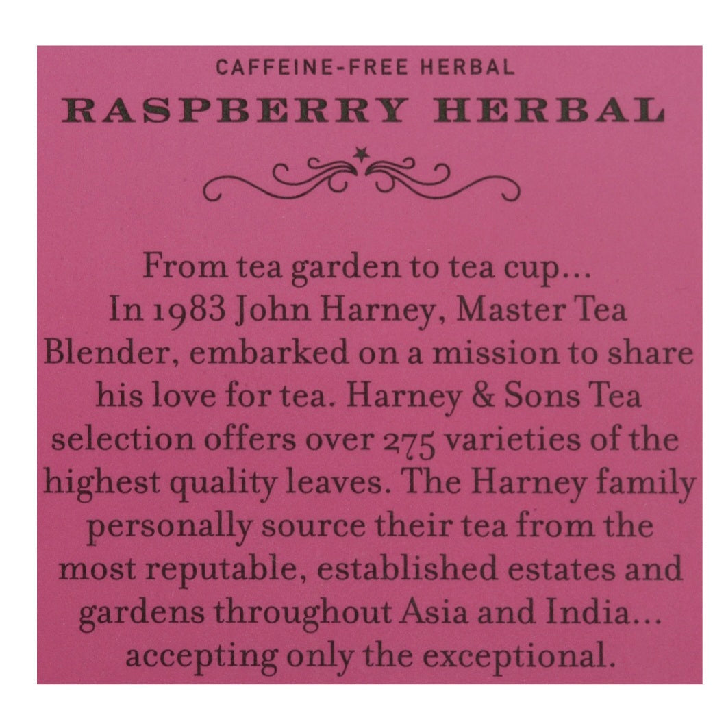 A description of raspberry tea on a pink color block on a white background.