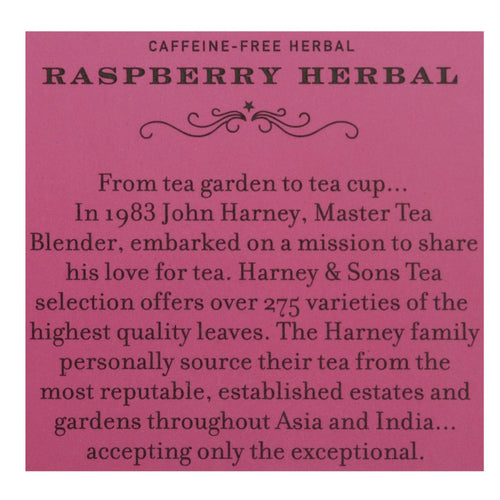 A description of raspberry tea on a pink color block on a white background.