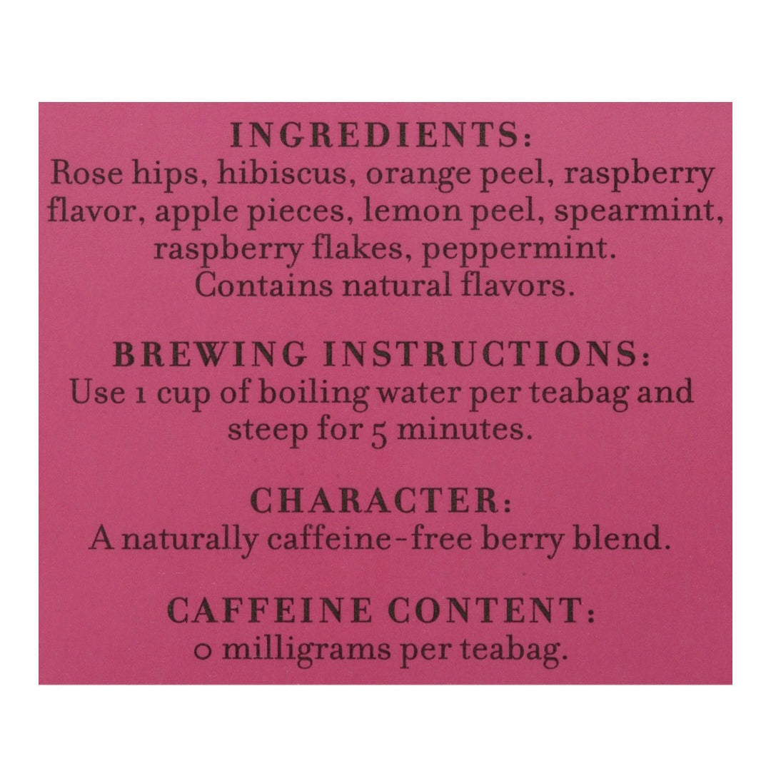 A pink block of color featuring ingredients, brewing instructions, and details about Raspberry tea.