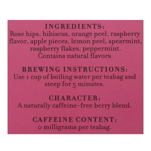 A pink block of color featuring ingredients, brewing instructions, and details about Raspberry tea.