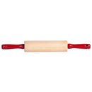 Wooden rolling pin with red handles on a white background