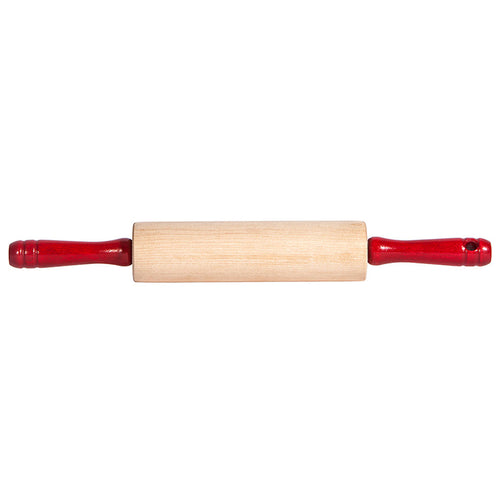 Wooden rolling pin with red handles on a white background
