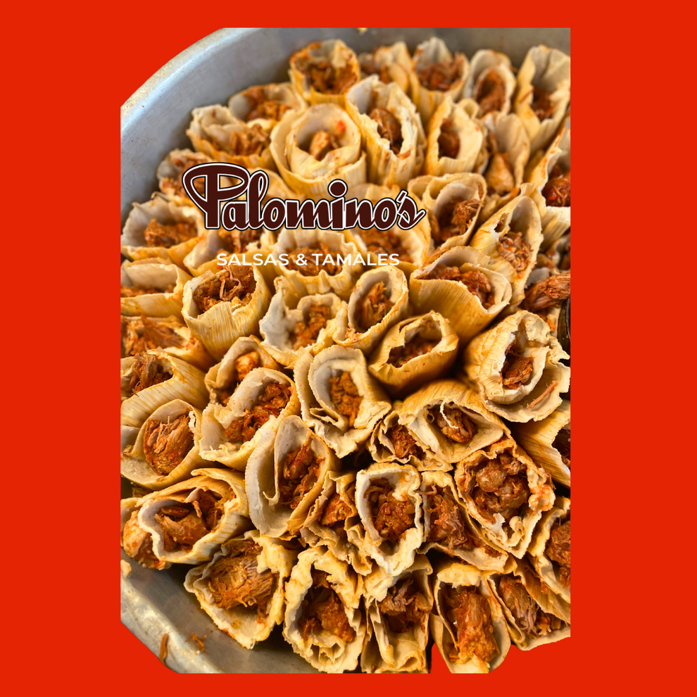 Palominos tamales on a red background with the brand name displayed.