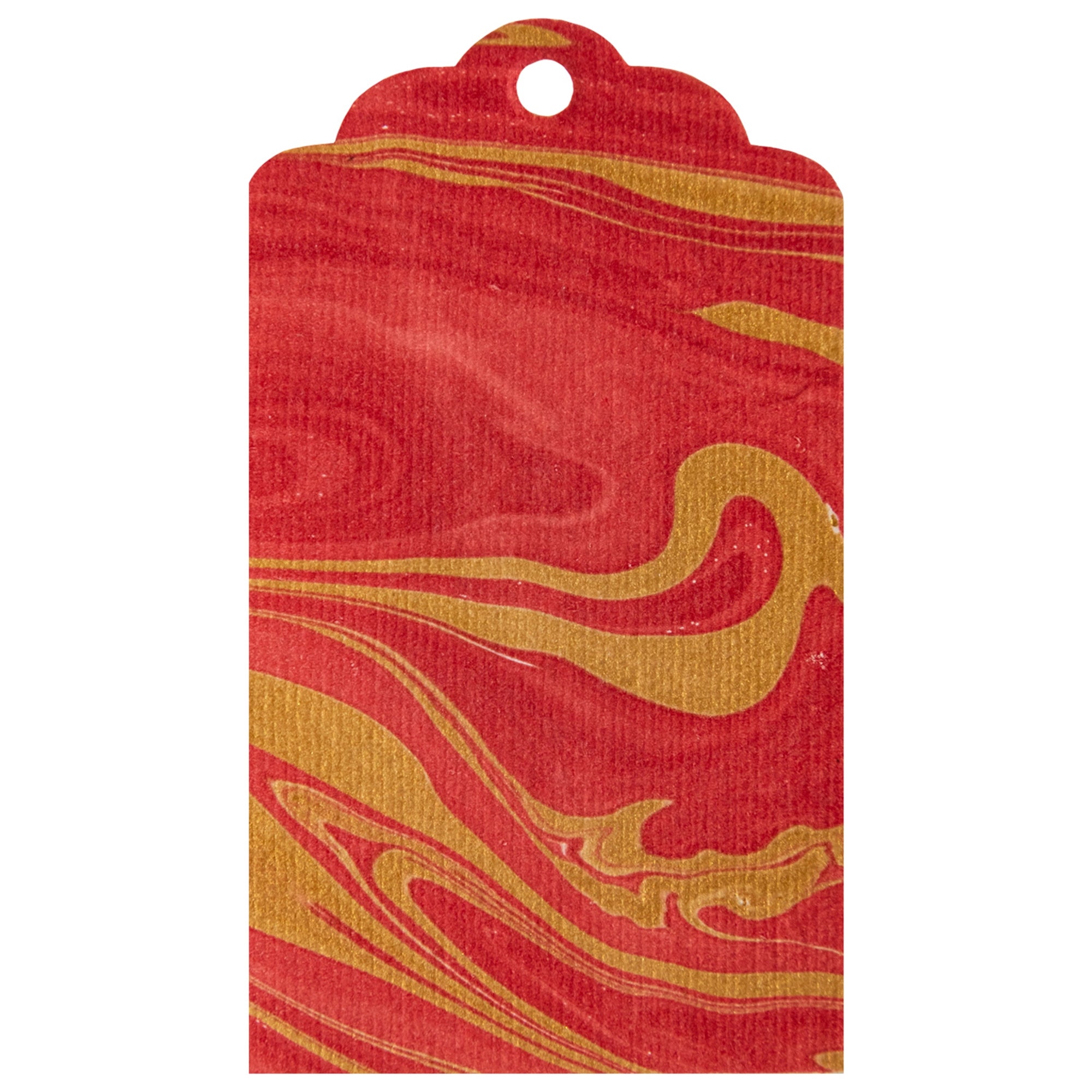A red and gold marbled pattern on a gift tag from Hester & Cook.
