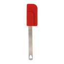 A red mini spatula with stainless steel handle on a white background.
