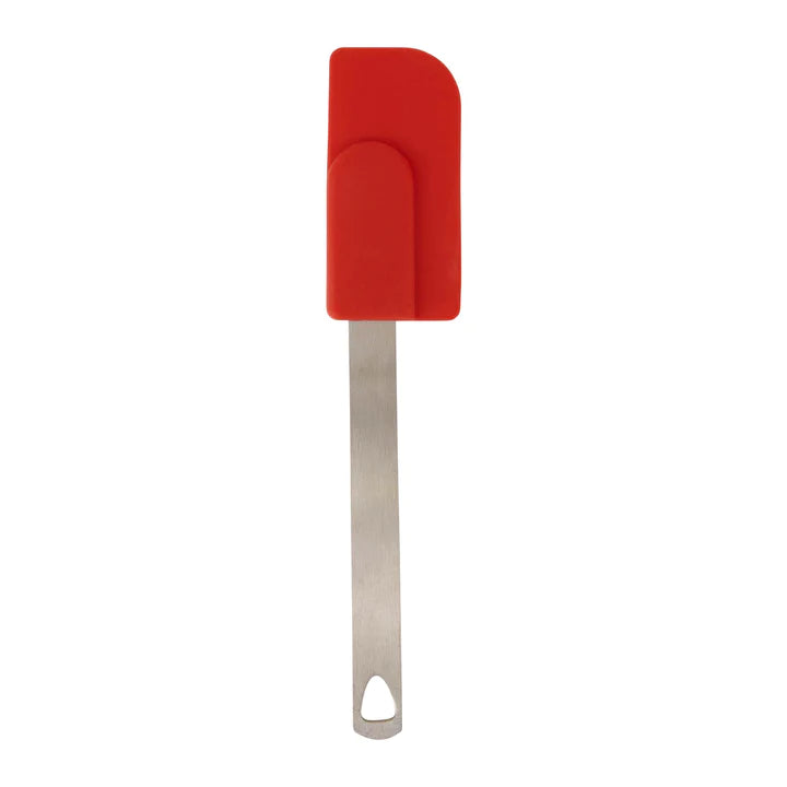 A red mini spatula with stainless steel handle on a white background.