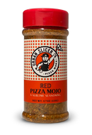 A bottle of Red Pizza Mojo seasoning with a label featuring a pizza slice and the brand logo.