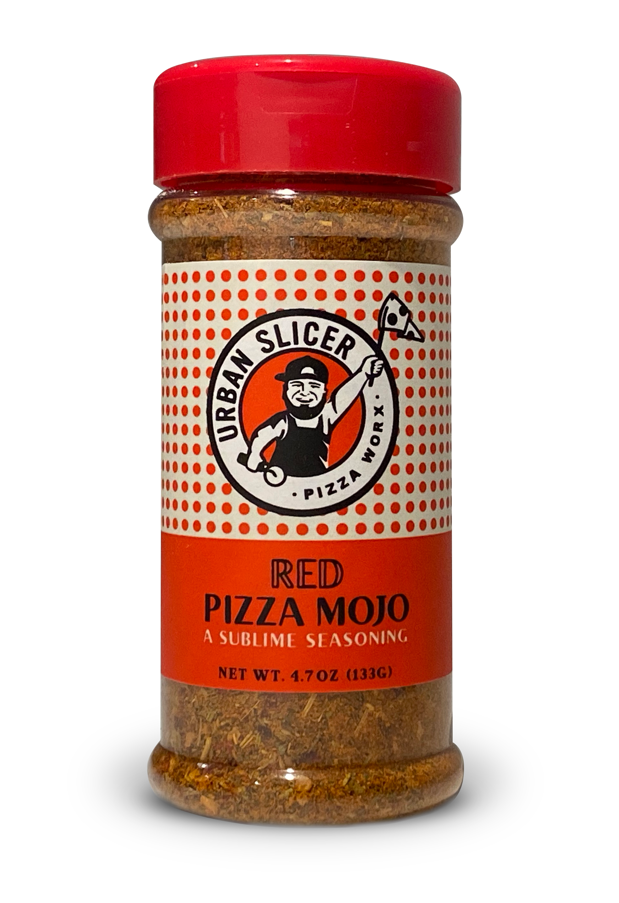 A bottle of Red Pizza Mojo seasoning with a label featuring a pizza slice and the brand logo.