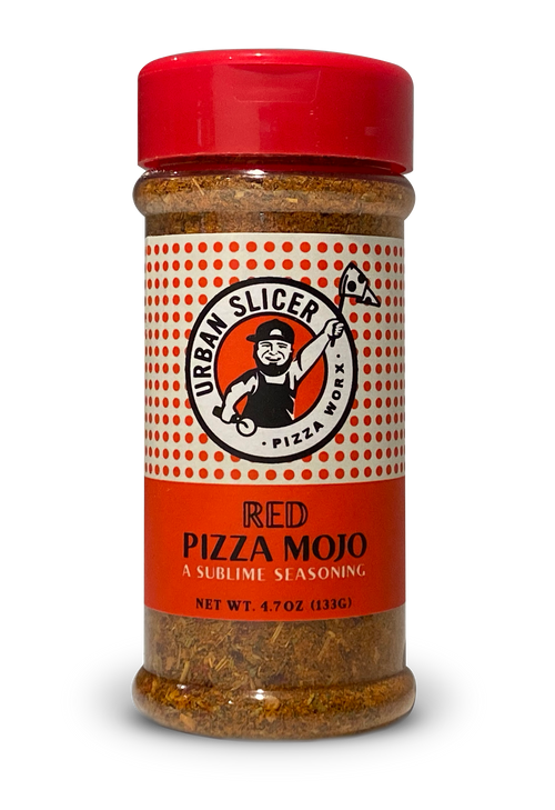 A bottle of Red Pizza Mojo seasoning with a label featuring a pizza slice and the brand logo.