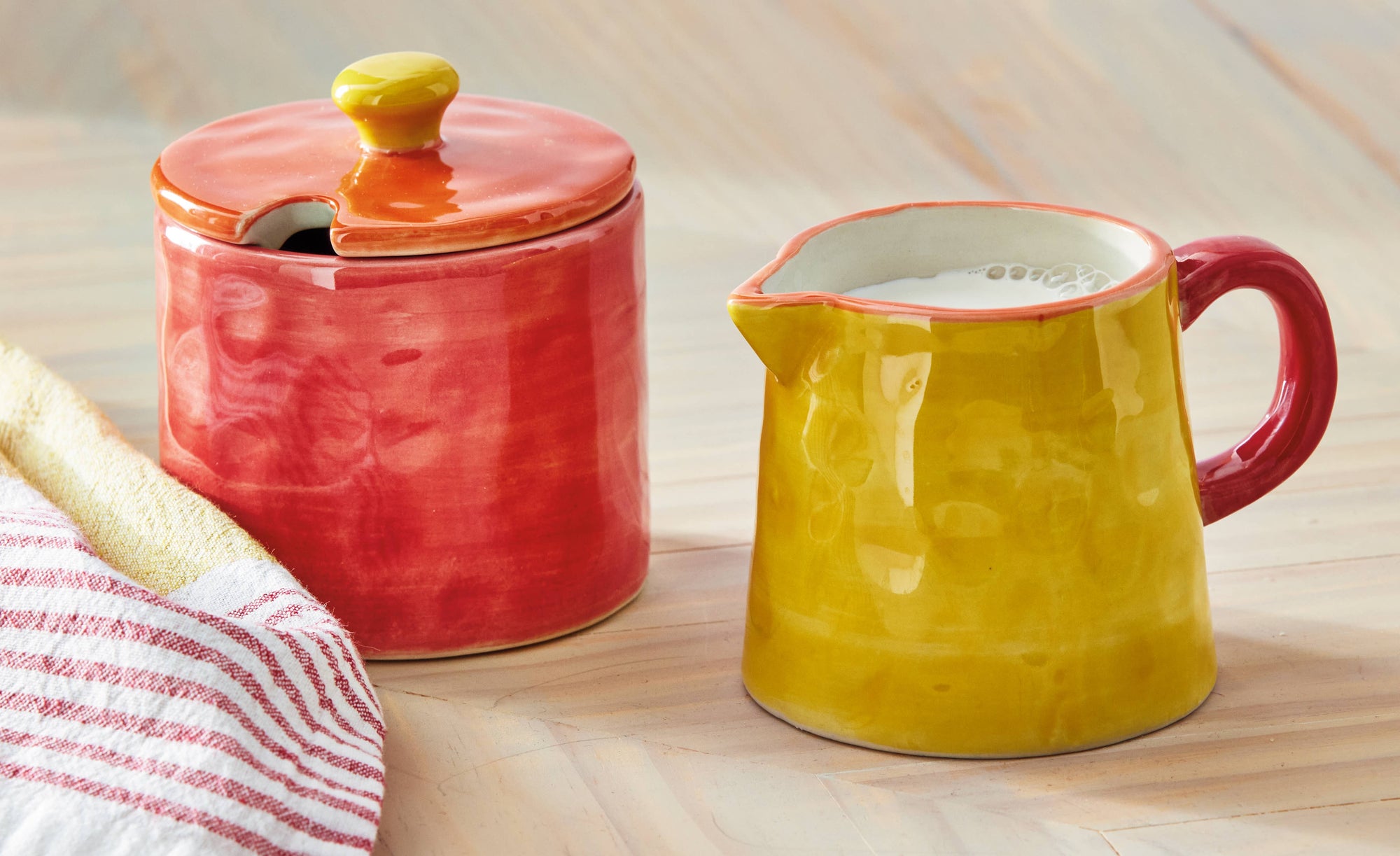 Red & Yellow Color Block Stoneware Cream and Sugar Set