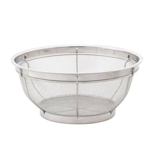 Metal mesh strainer on a white background