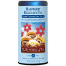 A canister of Republic of Tea Raspberry Rugelach Tea with a blue label featuring an image of a raspberry rugelach pastry and the Kosher certification seal.