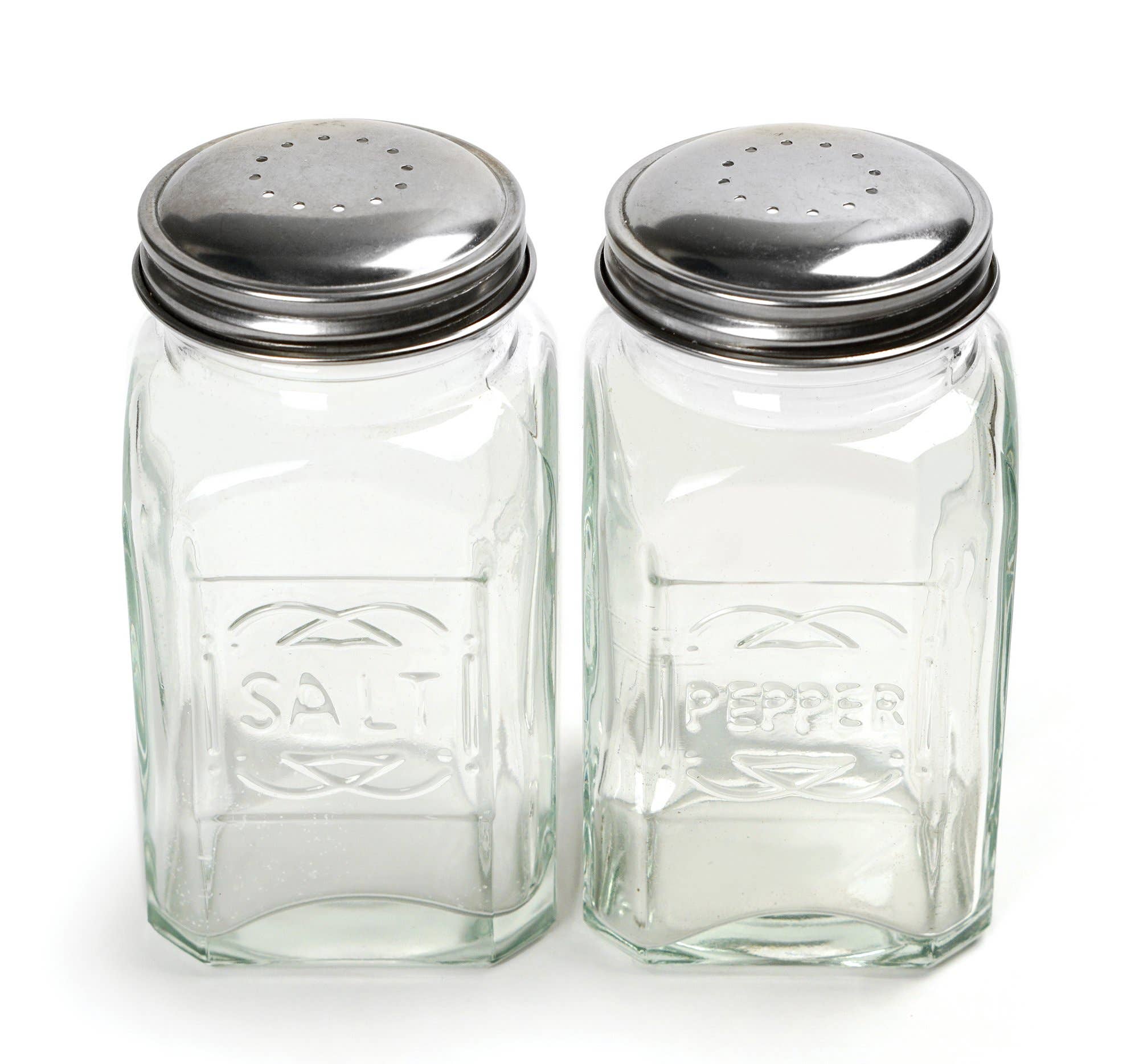 A glass salt and pepper shaker set on a white background.