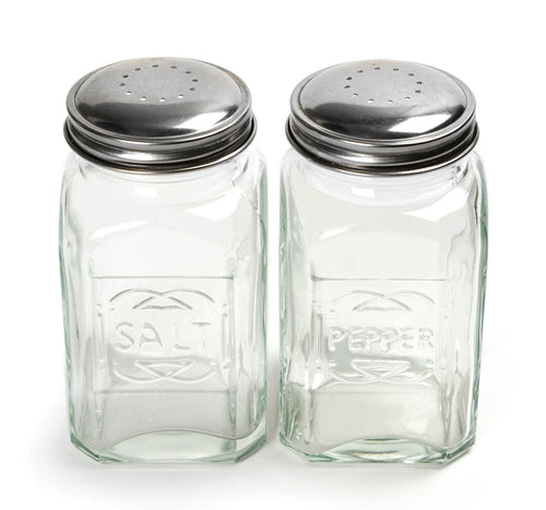 A glass salt and pepper shaker set on a white background.