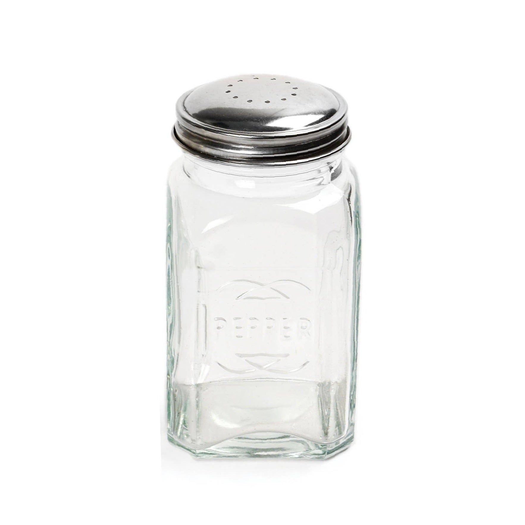 A clear glass pepper shaker with a perforated stainless steel lid, shown on a plain white background.