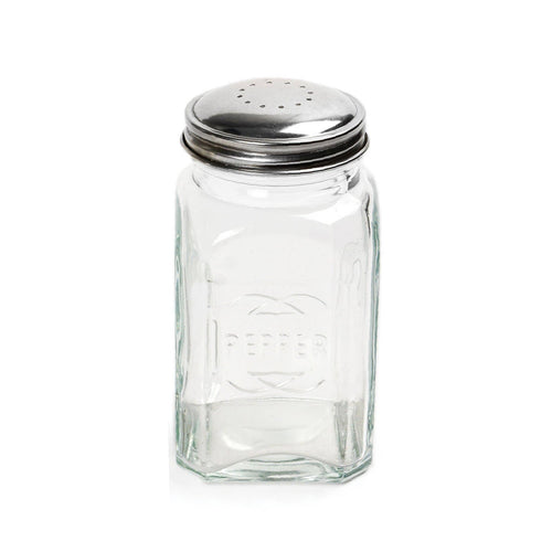 A clear glass pepper shaker with a perforated stainless steel lid, shown on a plain white background.