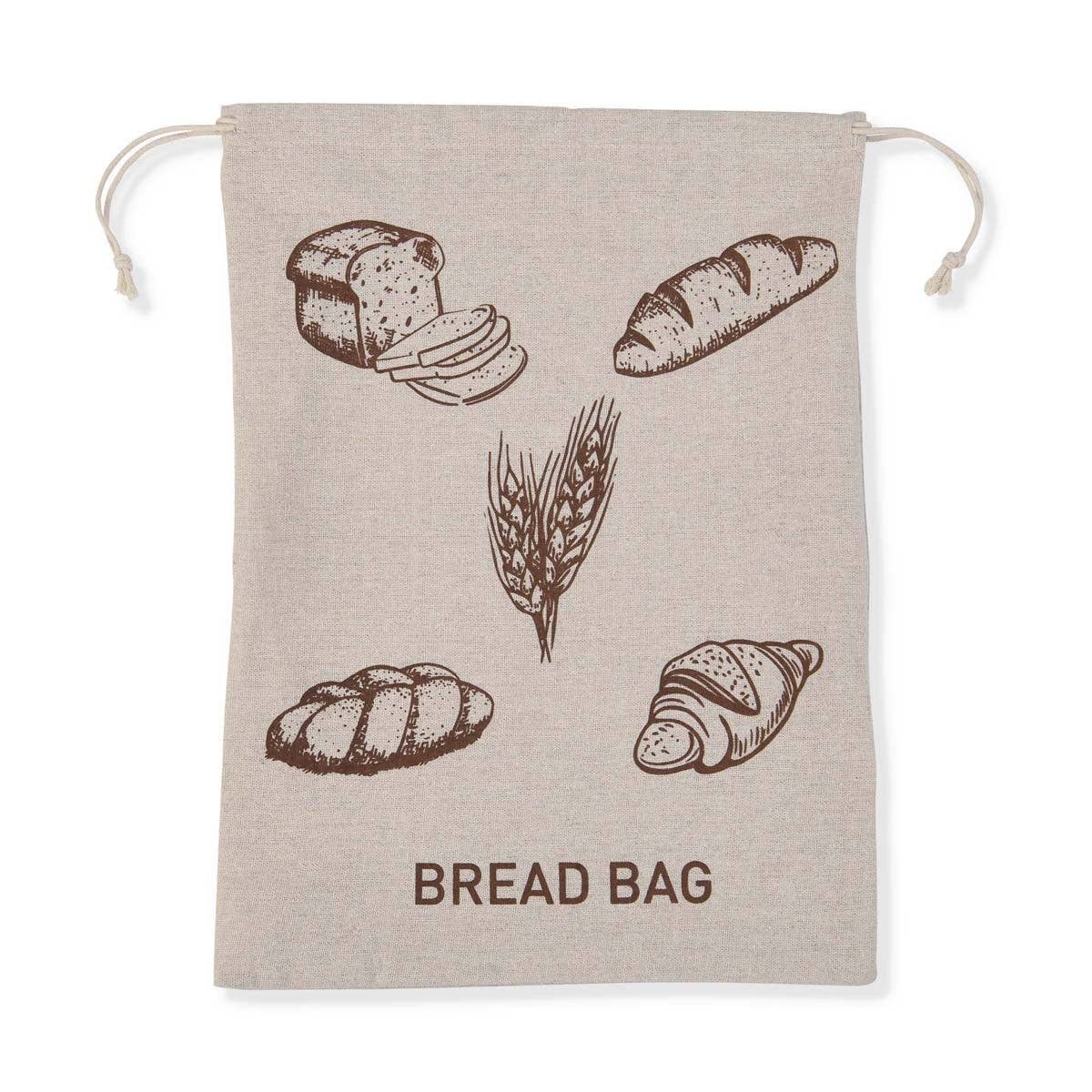 Beige bread bag with illustrations of bread and the word 'Bread Bag' on a white background