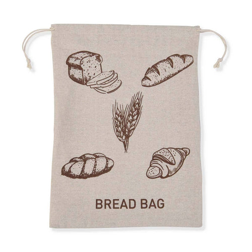 Beige bread bag with illustrations of bread and the word 'Bread Bag' on a white background