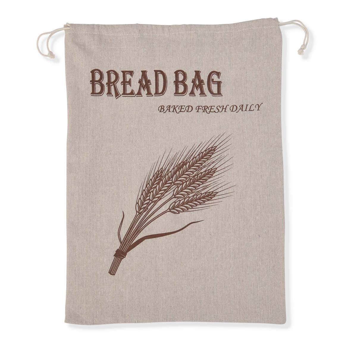 Beige bread bag with wheat design and text on a white background