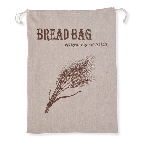 Beige bread bag with wheat design and text on a white background