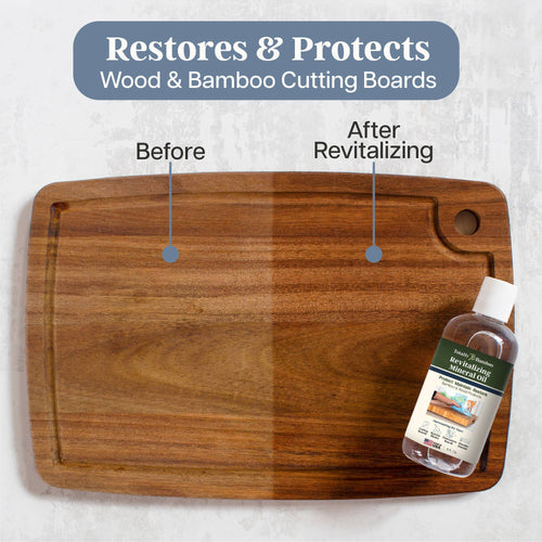 Wooden cutting board before and after revitalizing with a bottle of wood revitalizer.