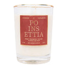 A poinsettia scented candle with red labeling on a white background.